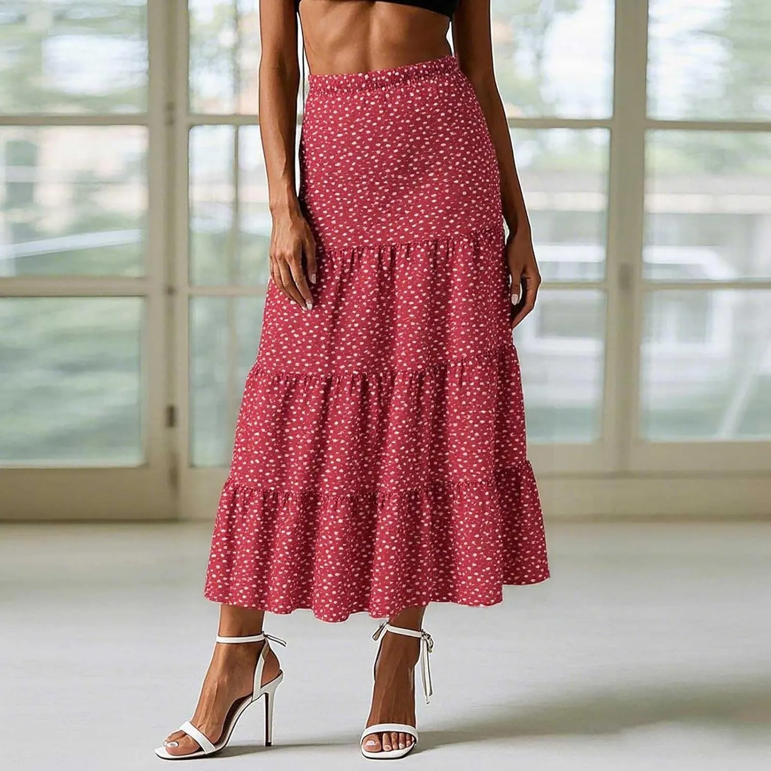 Floral Maxi Skirt for Women Summer Comfy Tiered Elastic High Waisted Skirts Vacation A-Line Flowy Swing Skirts