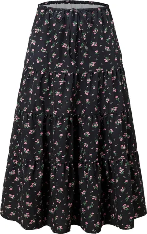 Floral Maxi Skirt for Women Summer Comfy Tiered Elastic High Waisted Skirts Vacation A-Line Flowy Swing Skirts