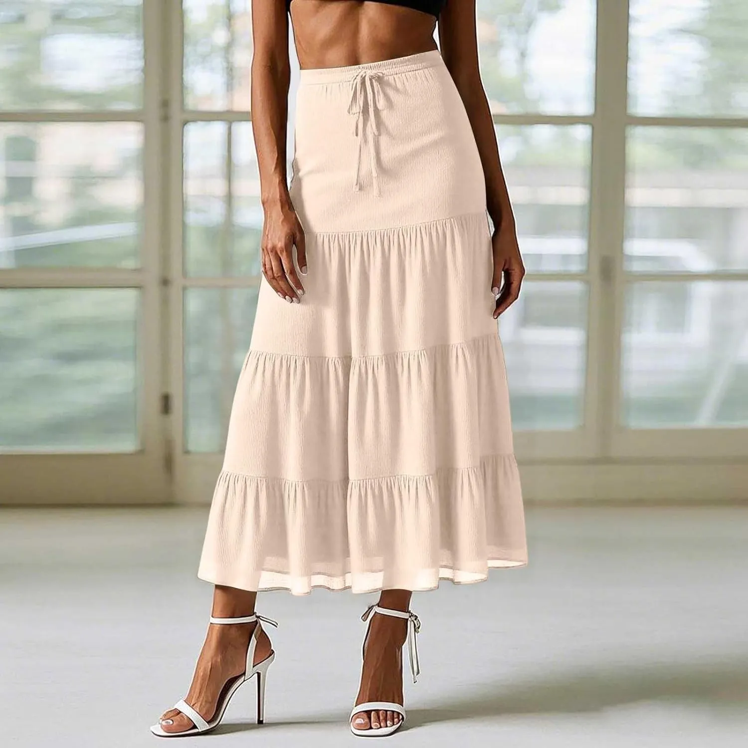 Floral Maxi Skirt for Women Summer Comfy Tiered Elastic High Waisted Skirts Vacation A-Line Flowy Swing Skirts