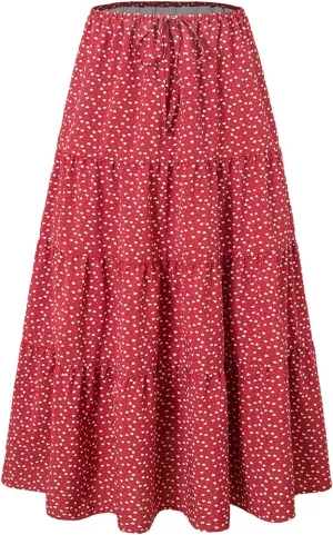 Floral Maxi Skirt for Women Summer Comfy Tiered Elastic High Waisted Skirts Vacation A-Line Flowy Swing Skirts