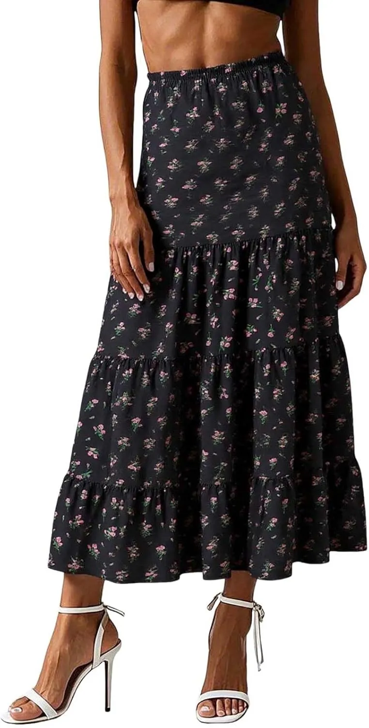 Floral Maxi Skirt for Women Summer Comfy Tiered Elastic High Waisted Skirts Vacation A-Line Flowy Swing Skirts