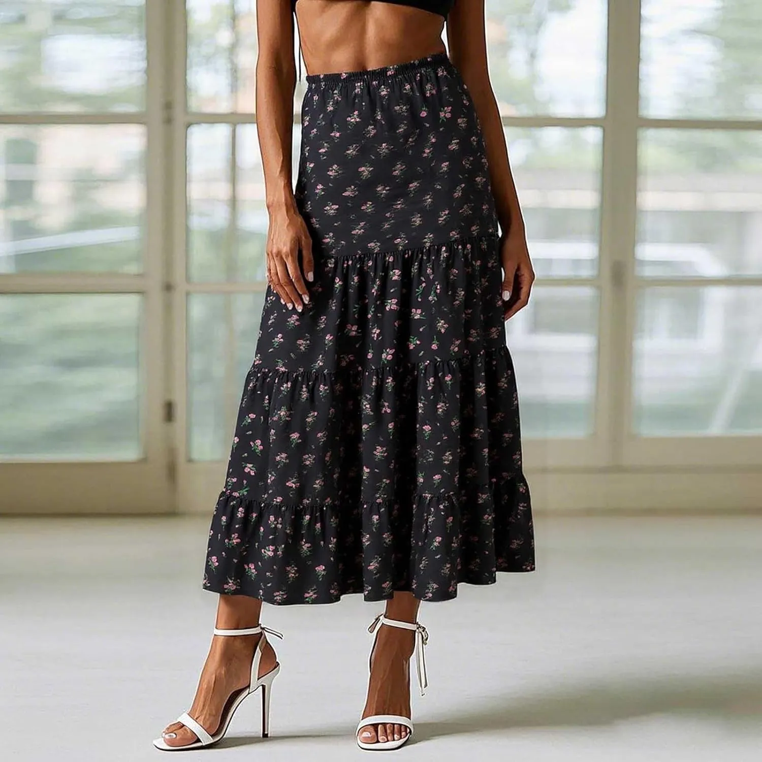 Floral Maxi Skirt for Women Summer Comfy Tiered Elastic High Waisted Skirts Vacation A-Line Flowy Swing Skirts