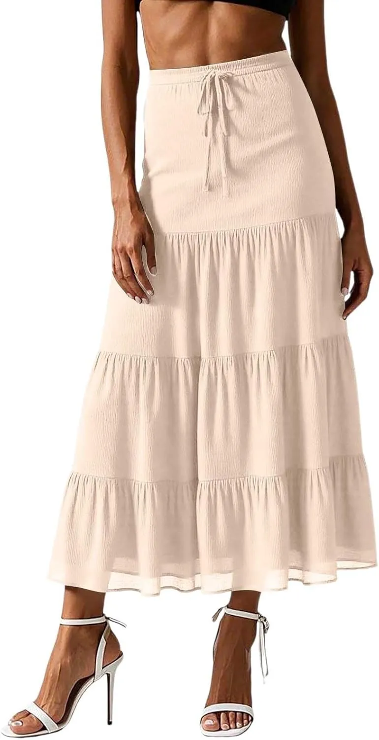 Floral Maxi Skirt for Women Summer Comfy Tiered Elastic High Waisted Skirts Vacation A-Line Flowy Swing Skirts