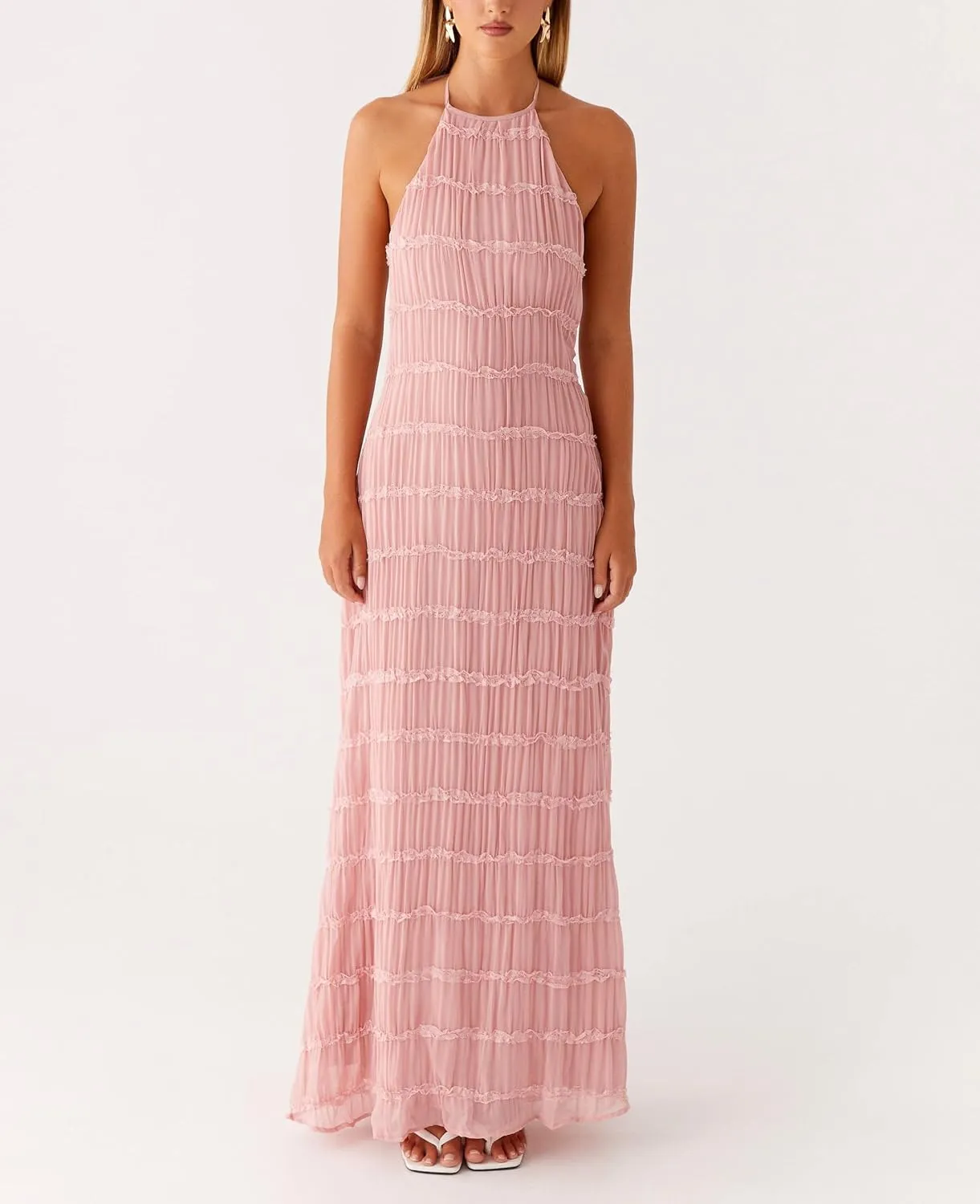 Flowy Boho Beach Dress for Women Halter Backless Smocked Vacation Long Dress Sexy Off Shoulder Resort Maxi Sundress