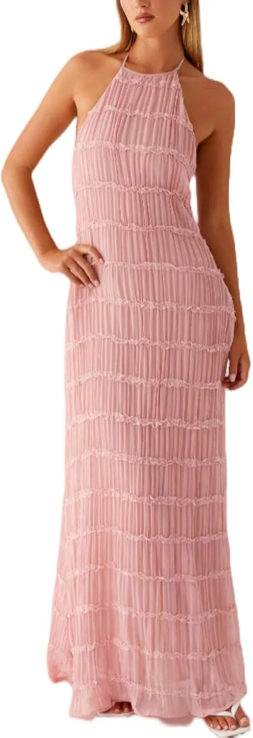 Flowy Boho Beach Dress for Women Halter Backless Smocked Vacation Long Dress Sexy Off Shoulder Resort Maxi Sundress