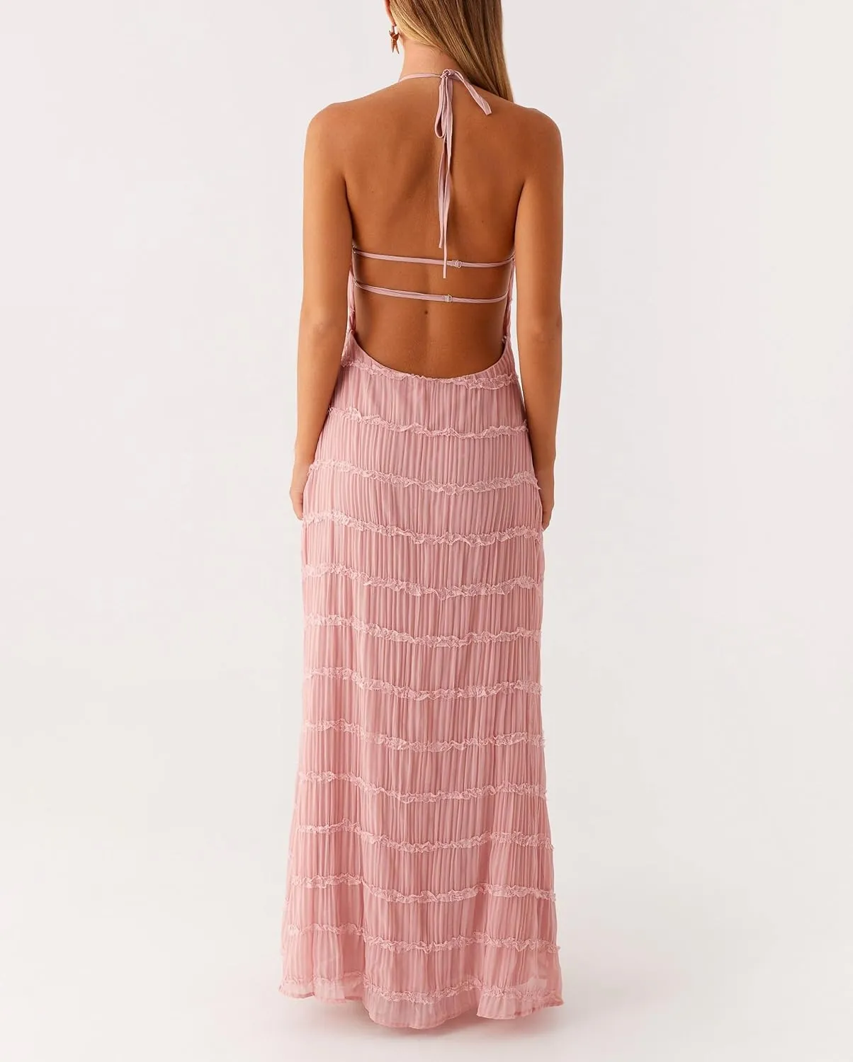 Flowy Boho Beach Dress for Women Halter Backless Smocked Vacation Long Dress Sexy Off Shoulder Resort Maxi Sundress