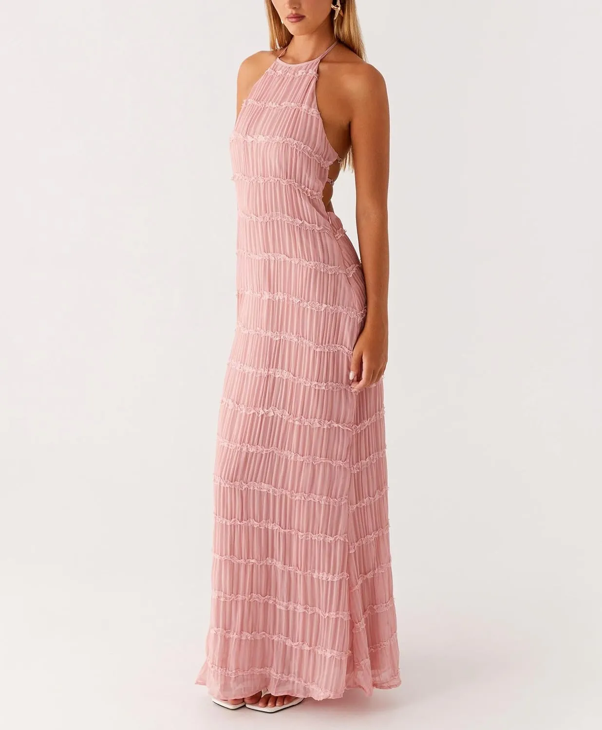 Flowy Boho Beach Dress for Women Halter Backless Smocked Vacation Long Dress Sexy Off Shoulder Resort Maxi Sundress