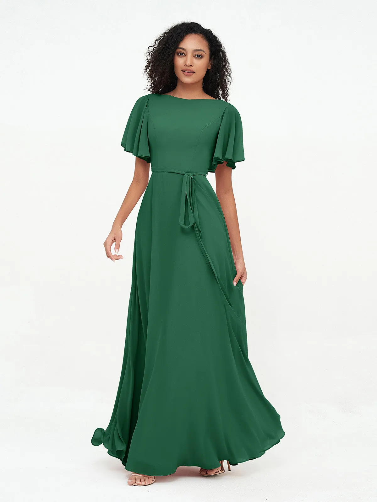 Flutter Sleeves Chiffon Max Dresses with Sash Bow-Dark Green