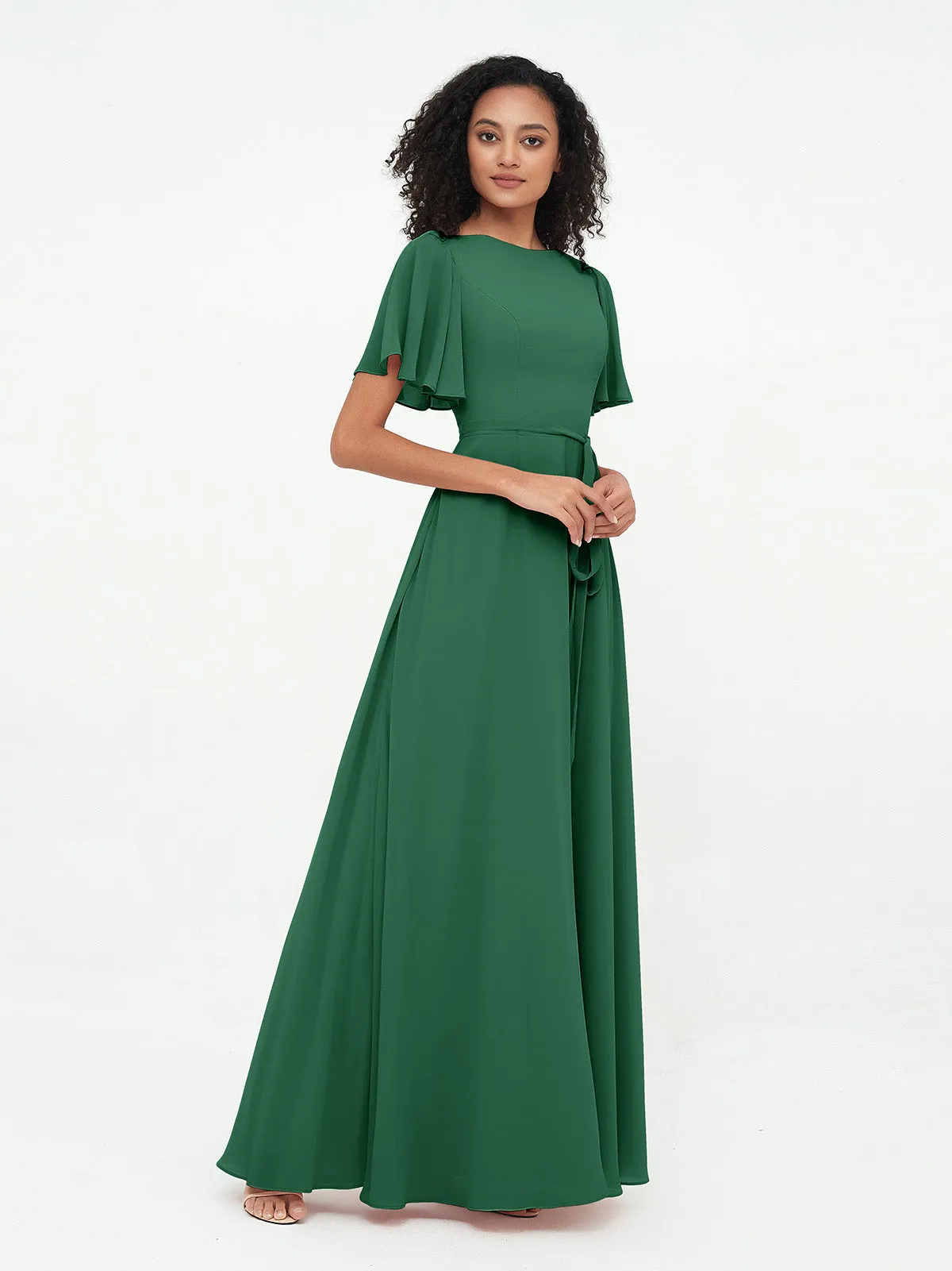 Flutter Sleeves Chiffon Max Dresses with Sash Bow-Dark Green