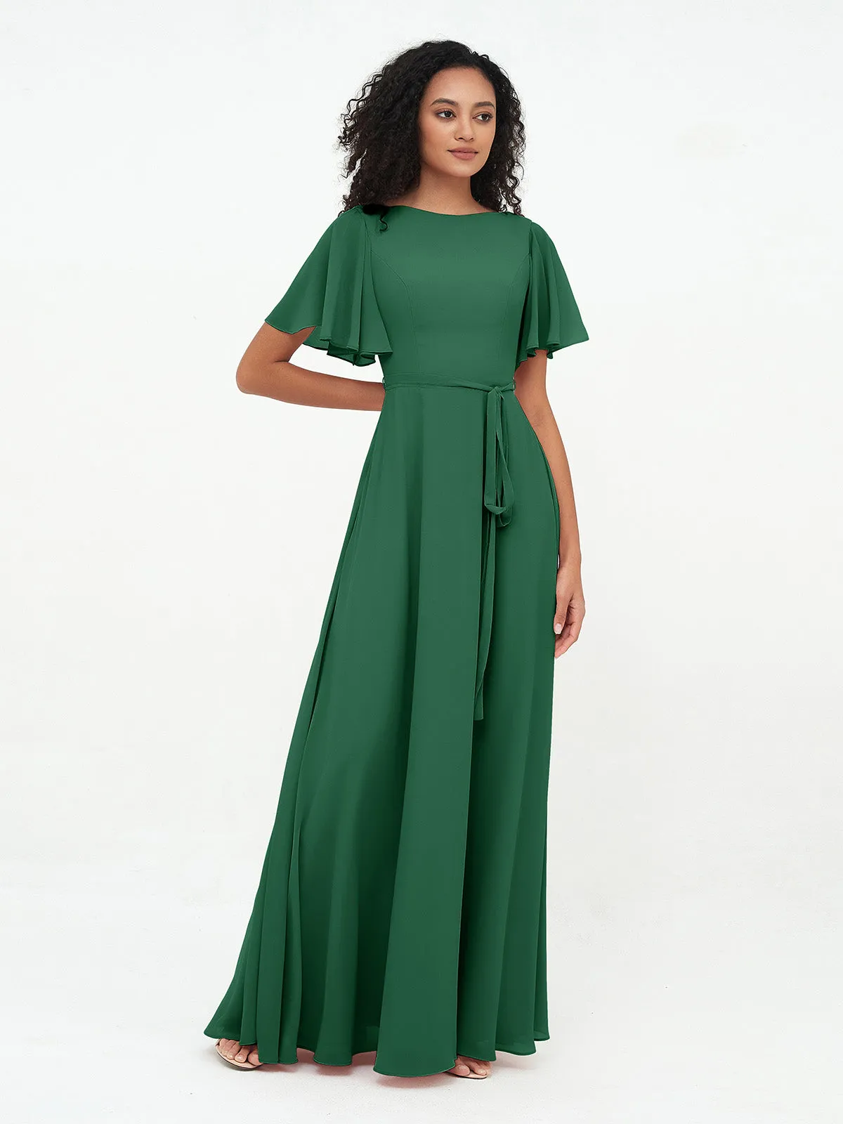 Flutter Sleeves Chiffon Max Dresses with Sash Bow-Dark Green