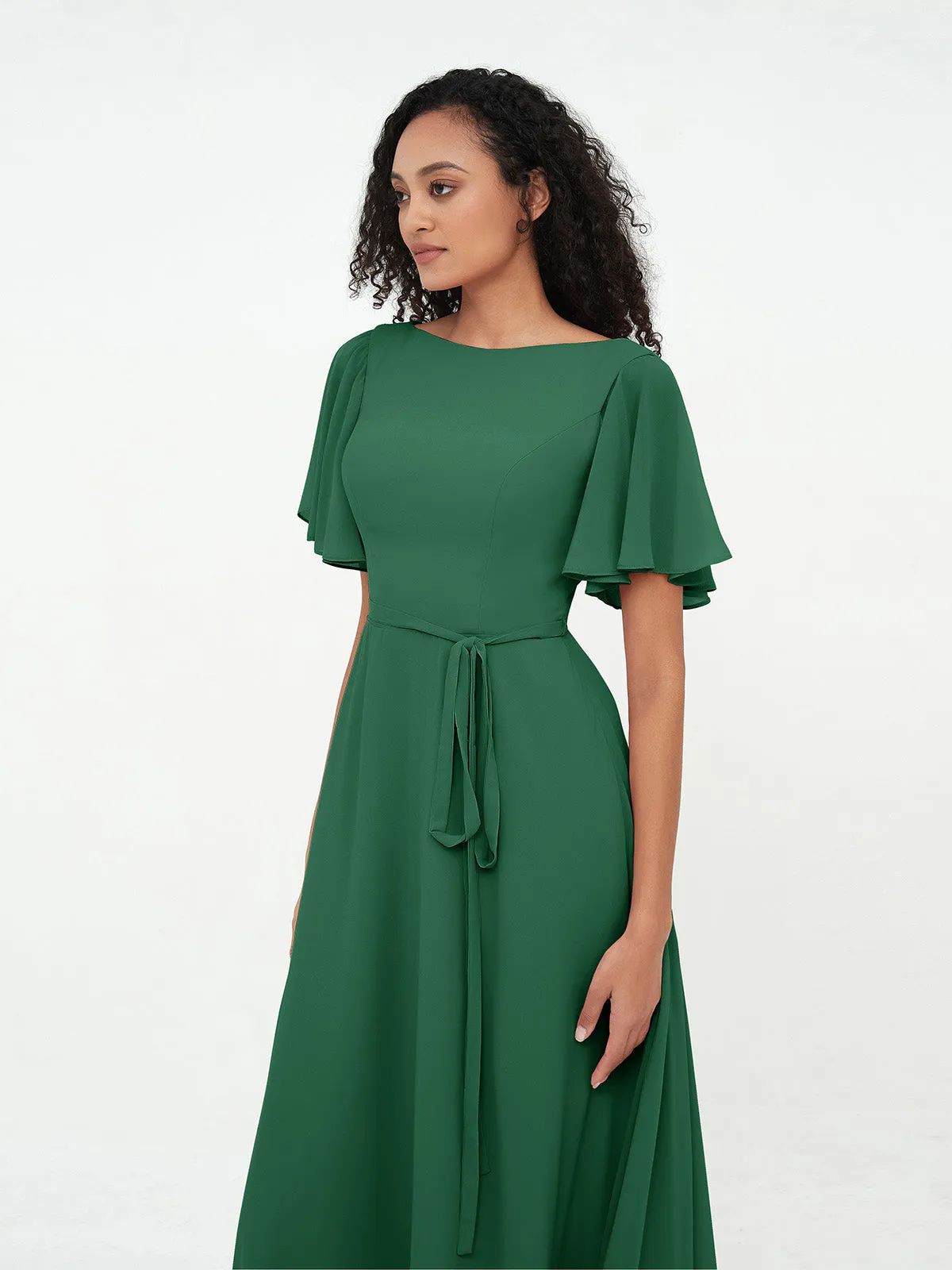 Flutter Sleeves Chiffon Max Dresses with Sash Bow-Dark Green