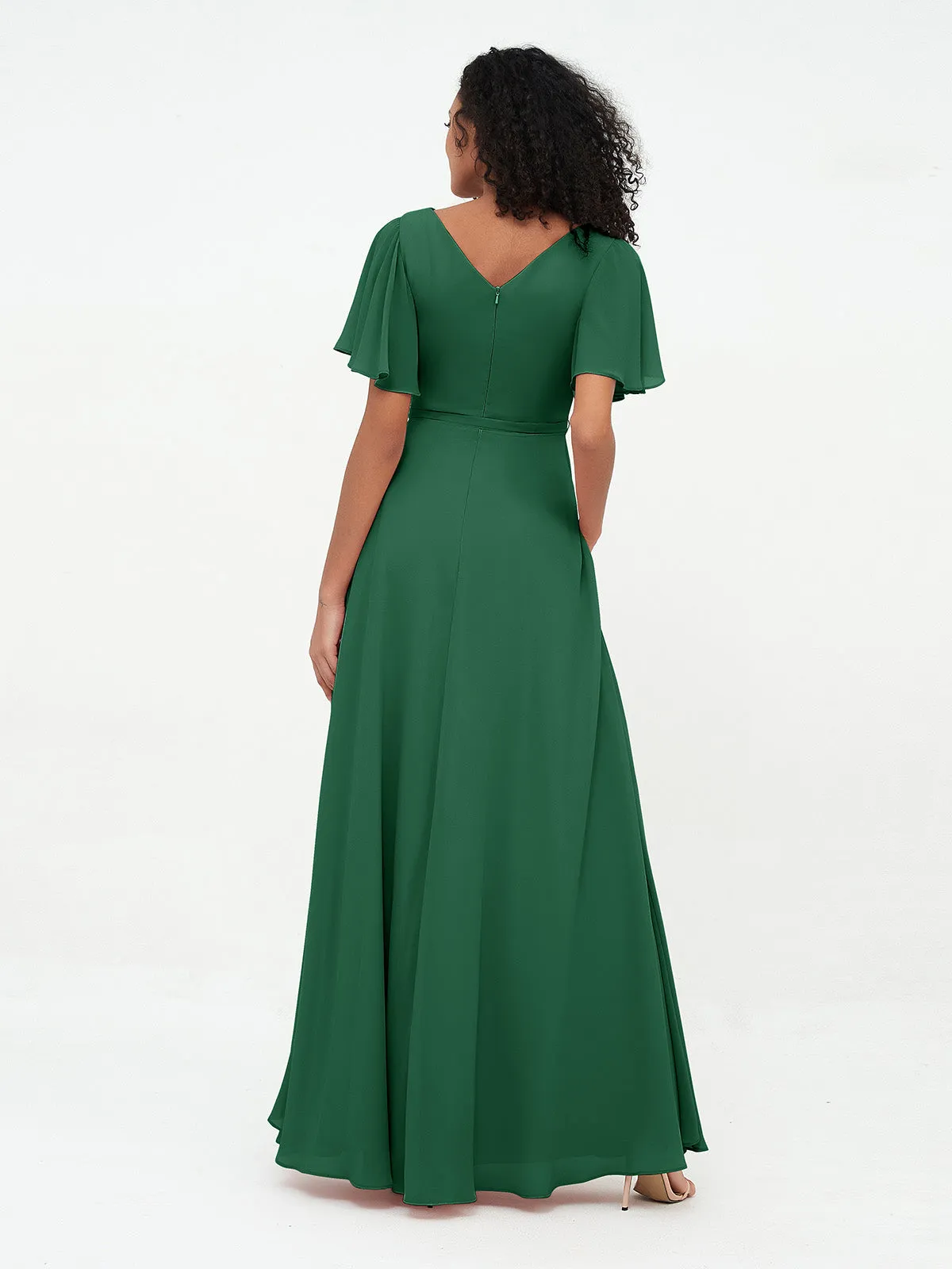 Flutter Sleeves Chiffon Max Dresses with Sash Bow-Dark Green