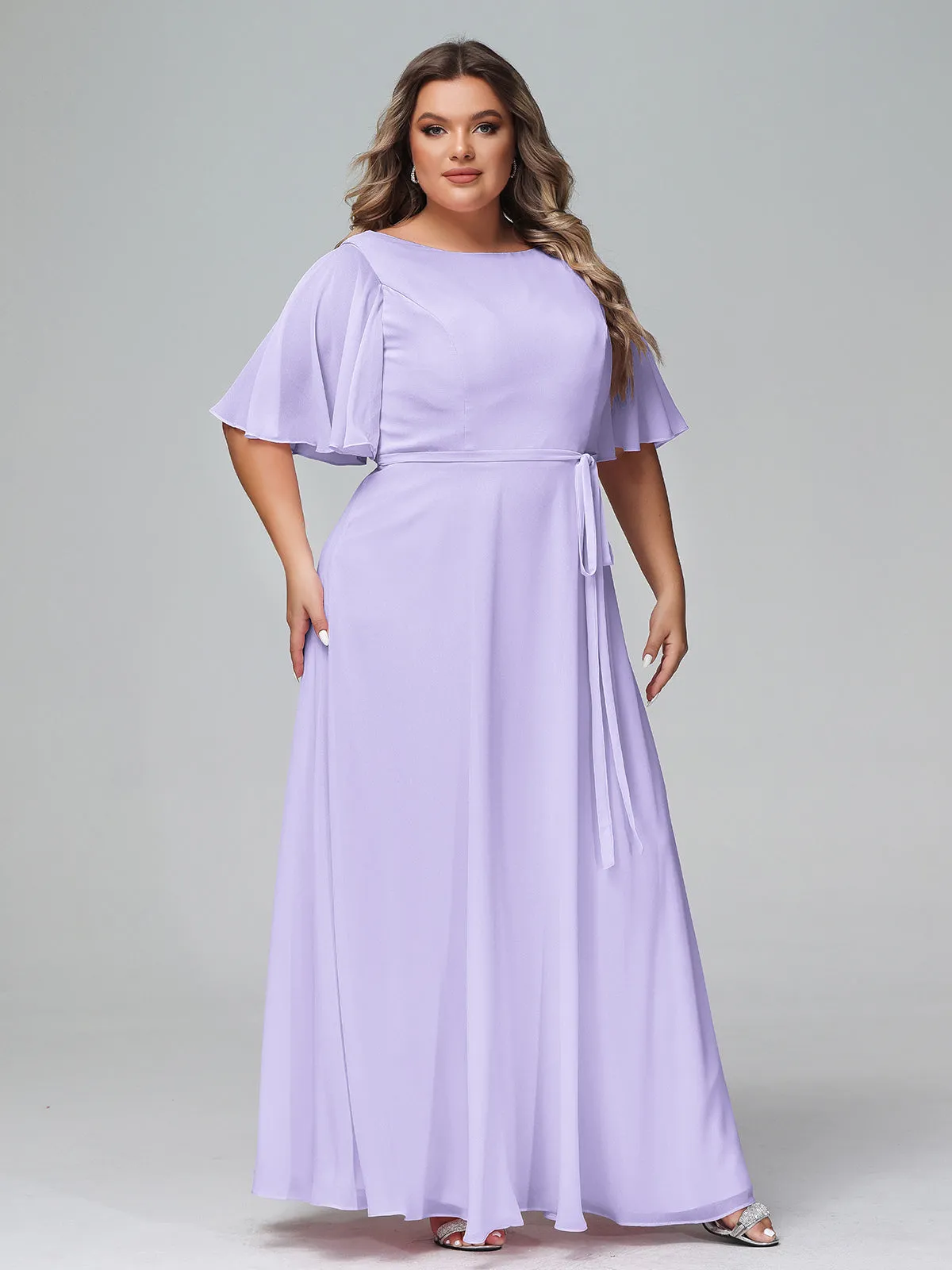 Flutter Sleeves Chiffon Max Dresses with Sash Bow-Lilac Plus Size