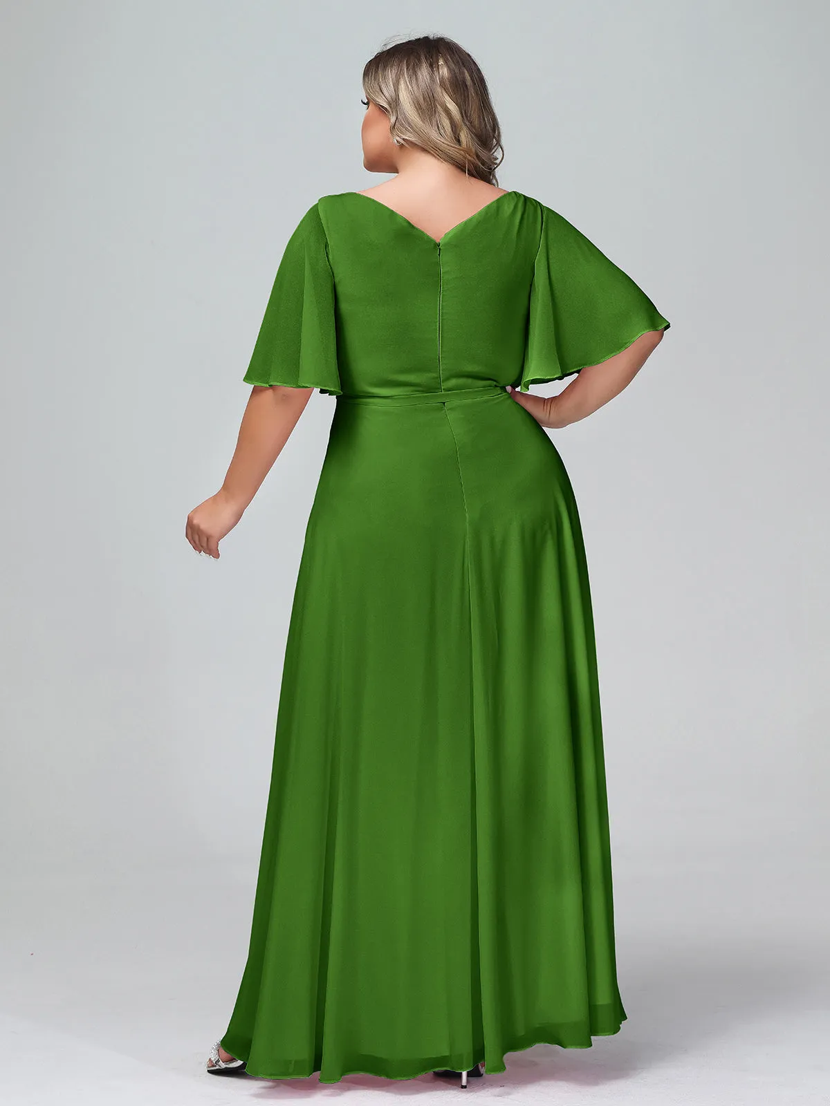 Flutter Sleeves Chiffon Max Dresses with Sash Bow-Moss Plus Size