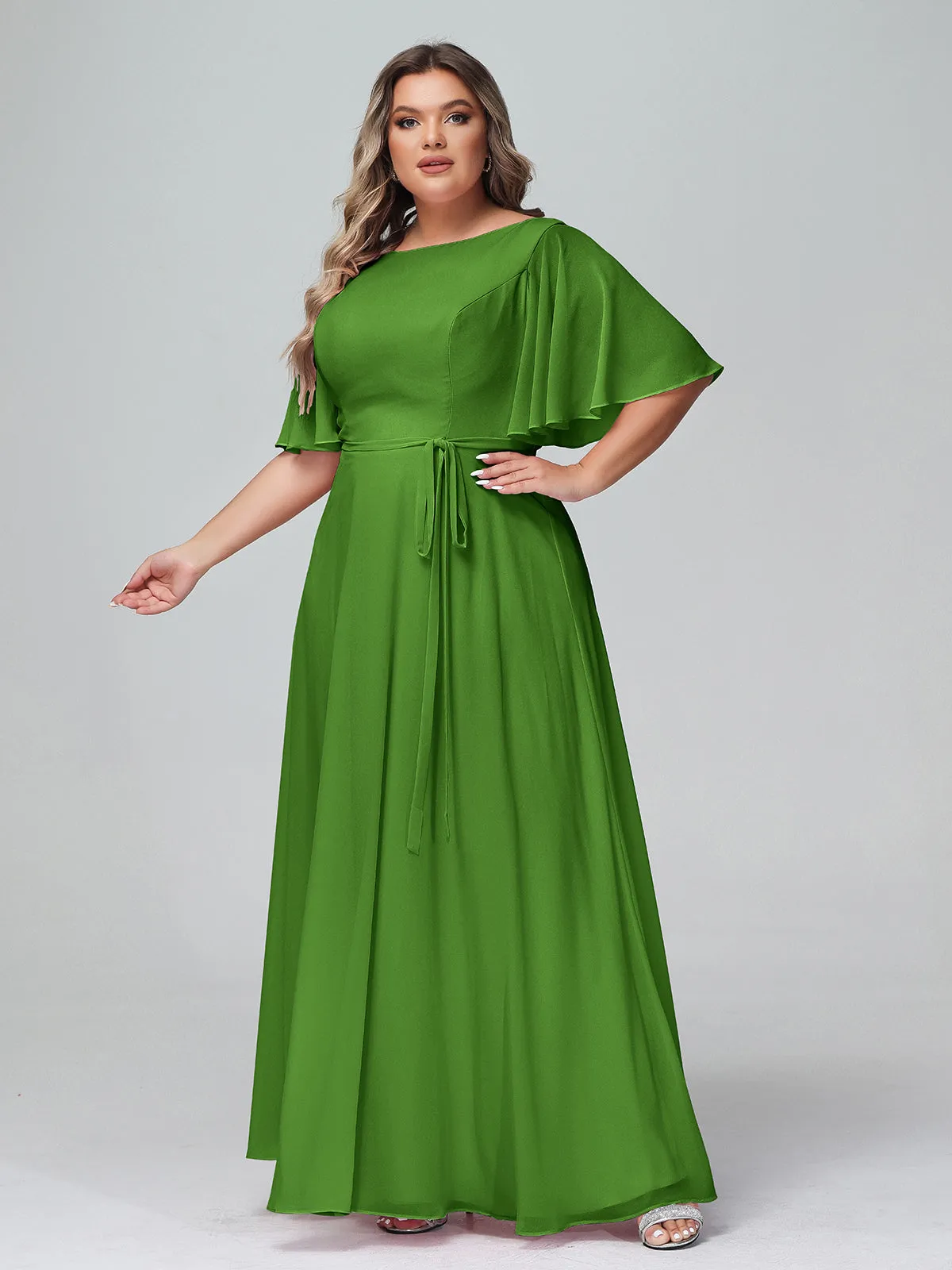 Flutter Sleeves Chiffon Max Dresses with Sash Bow-Moss Plus Size