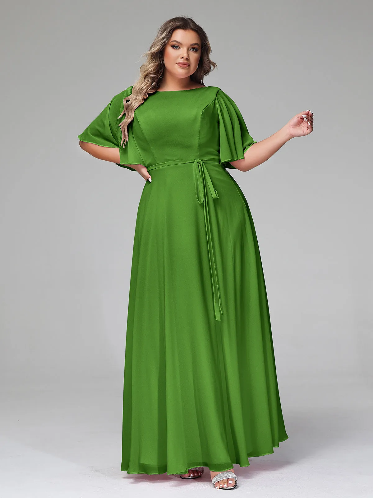 Flutter Sleeves Chiffon Max Dresses with Sash Bow-Moss Plus Size