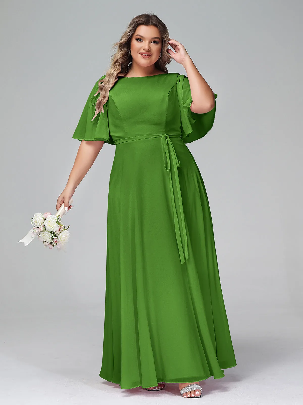 Flutter Sleeves Chiffon Max Dresses with Sash Bow-Moss Plus Size