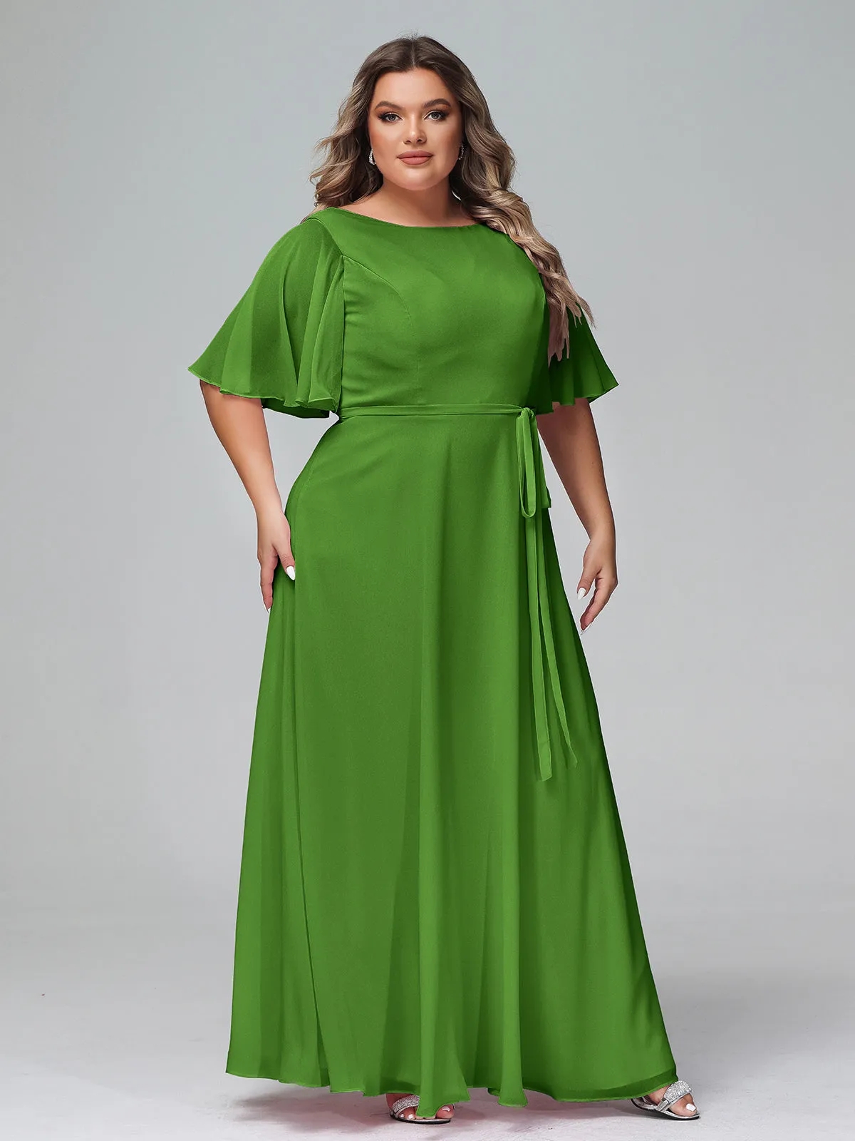 Flutter Sleeves Chiffon Max Dresses with Sash Bow-Moss Plus Size