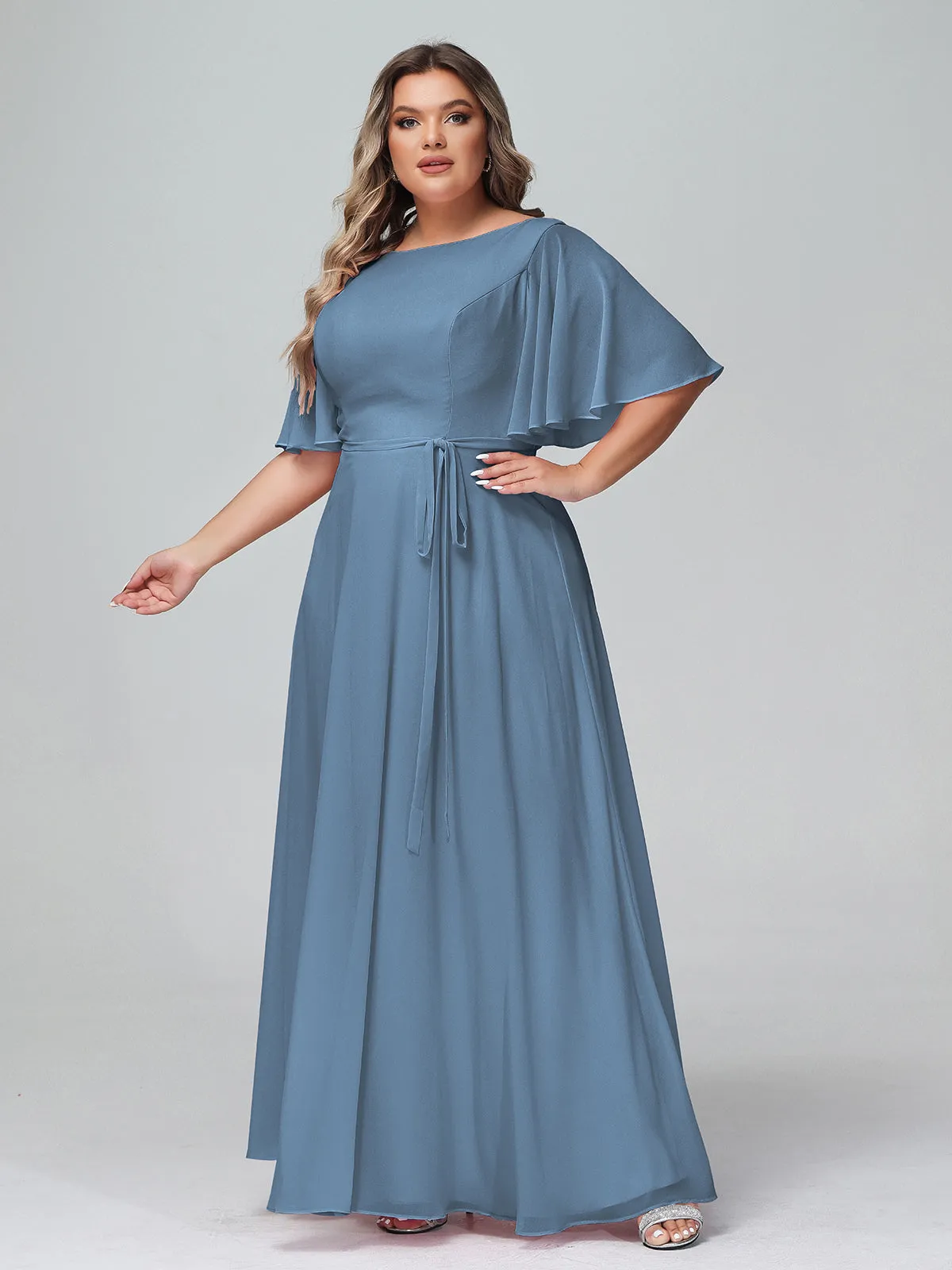 Flutter Sleeves Chiffon Max Dresses with Sash Bow-Slate Blue Plus Size