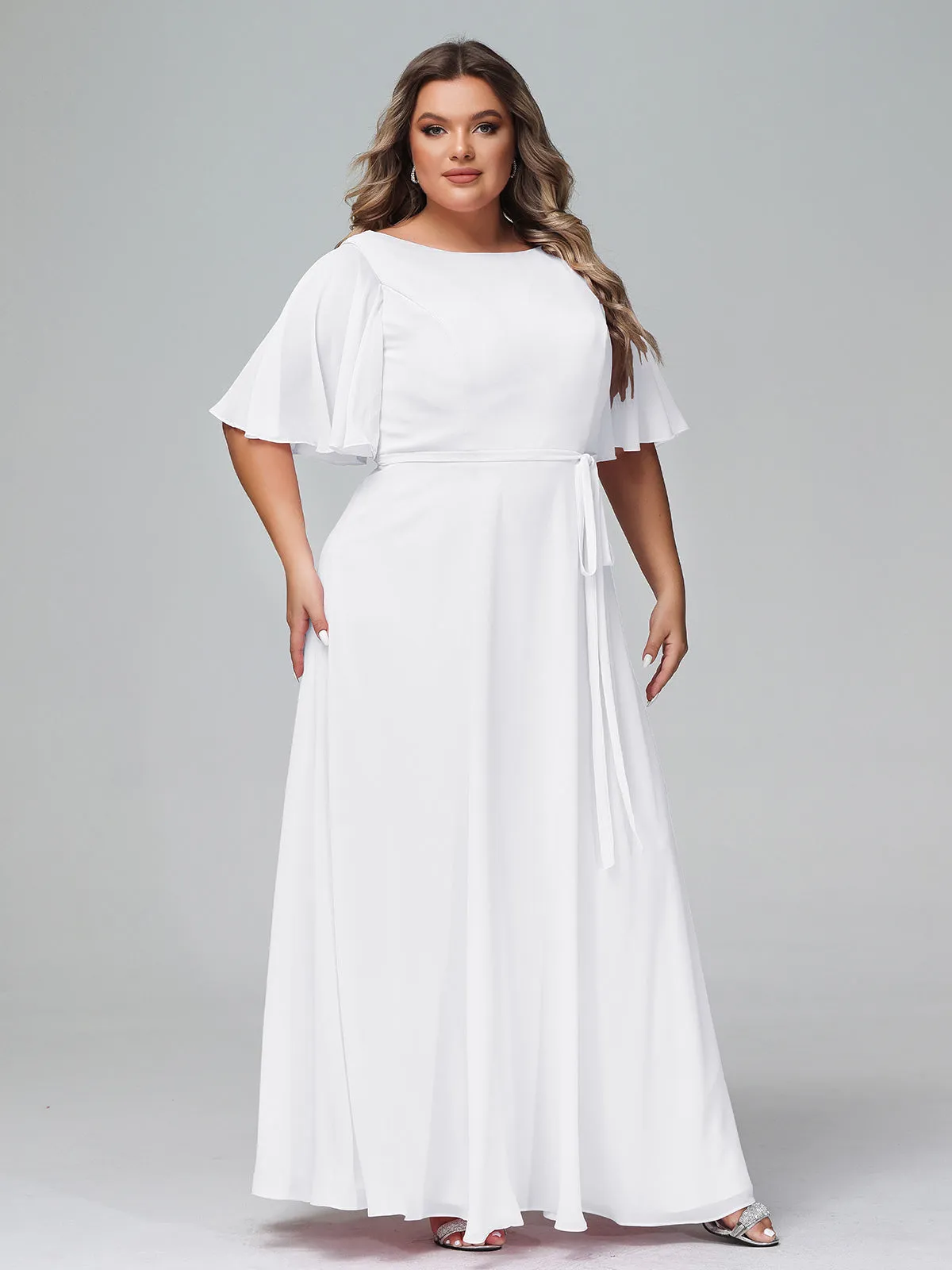 Flutter Sleeves Chiffon Max Dresses with Sash Bow-White Plus Size