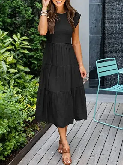 Flying Pleated Layering Solid Swing Trending Loose Midi Dresses