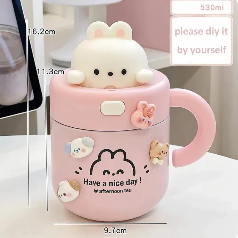 Gaeasdpace  -  1pc Bear Coffee Thermal Cup For Hot Cold Drinks Water Tea Milk Thermos Mug Stainless Steel Cup With Straw Lid Portable Bottle