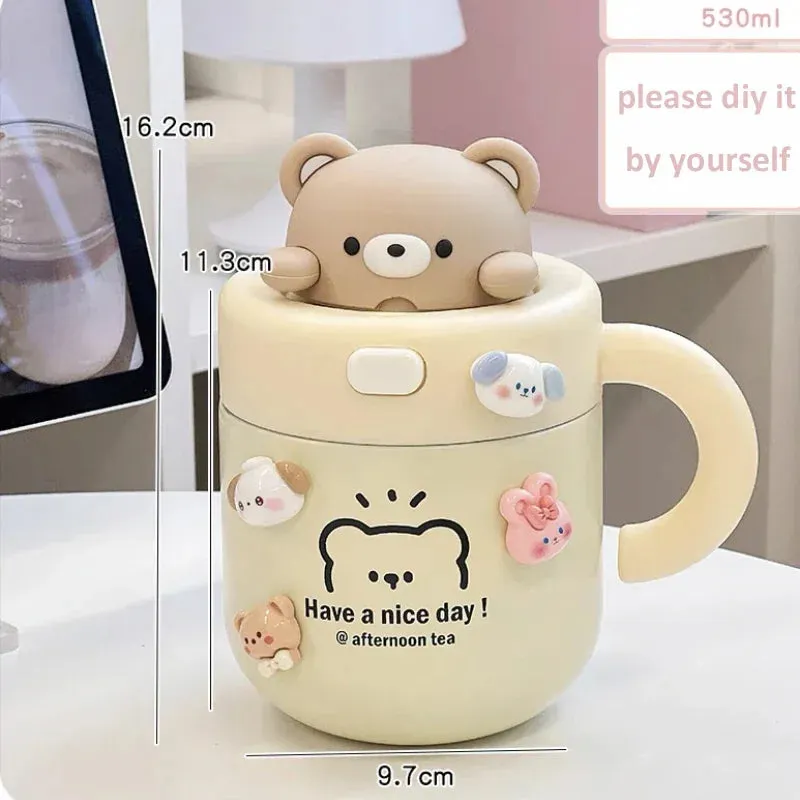 Gaeasdpace  -  1pc Bear Coffee Thermal Cup For Hot Cold Drinks Water Tea Milk Thermos Mug Stainless Steel Cup With Straw Lid Portable Bottle