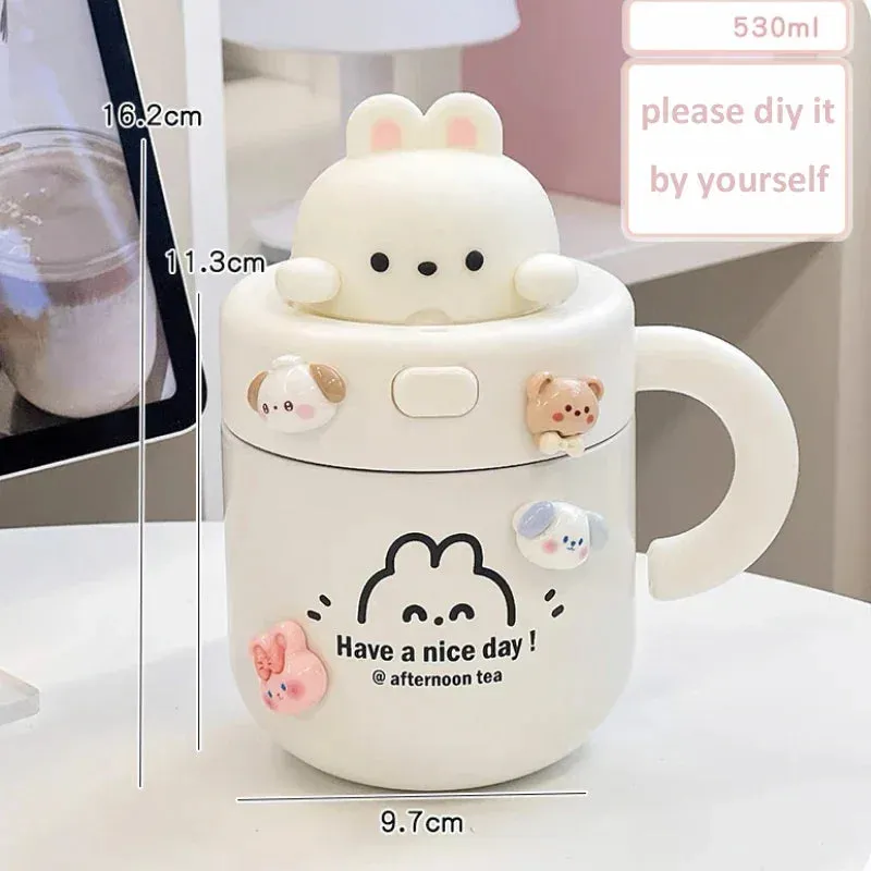 Gaeasdpace  -  1pc Bear Coffee Thermal Cup For Hot Cold Drinks Water Tea Milk Thermos Mug Stainless Steel Cup With Straw Lid Portable Bottle