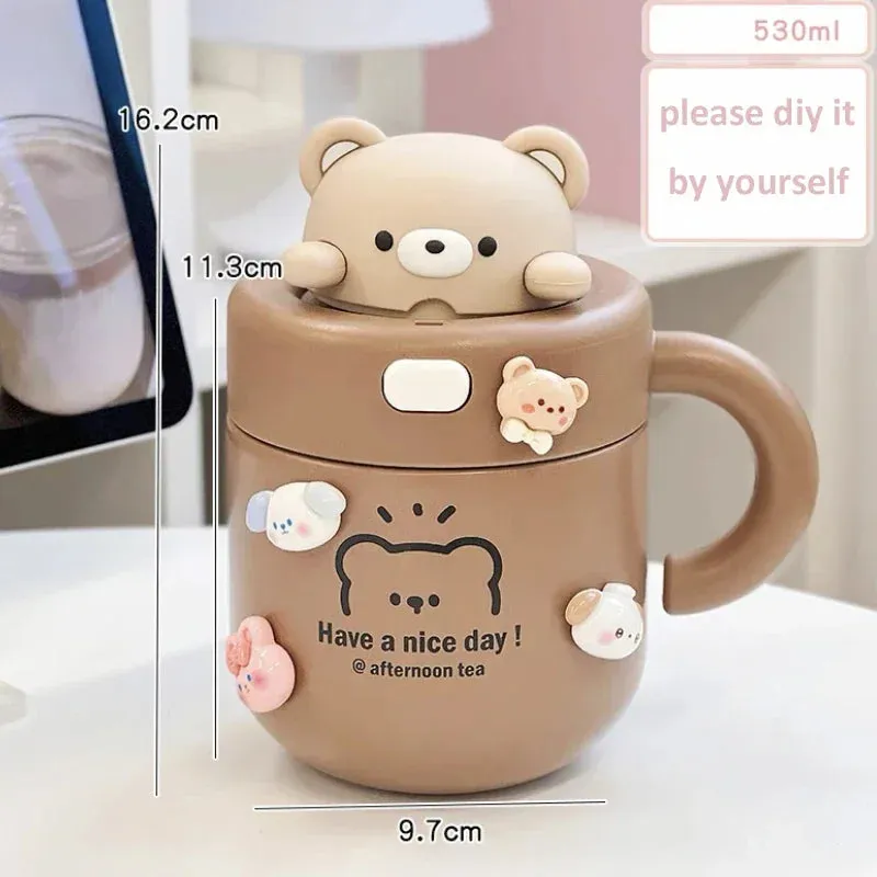 Gaeasdpace  -  1pc Bear Coffee Thermal Cup For Hot Cold Drinks Water Tea Milk Thermos Mug Stainless Steel Cup With Straw Lid Portable Bottle