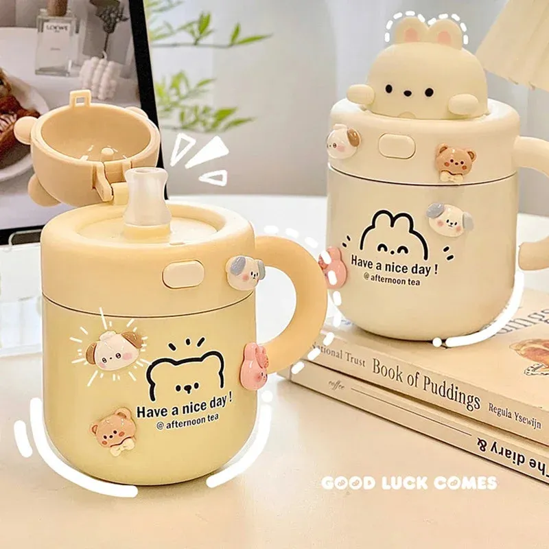 Gaeasdpace  -  1pc Bear Coffee Thermal Cup For Hot Cold Drinks Water Tea Milk Thermos Mug Stainless Steel Cup With Straw Lid Portable Bottle