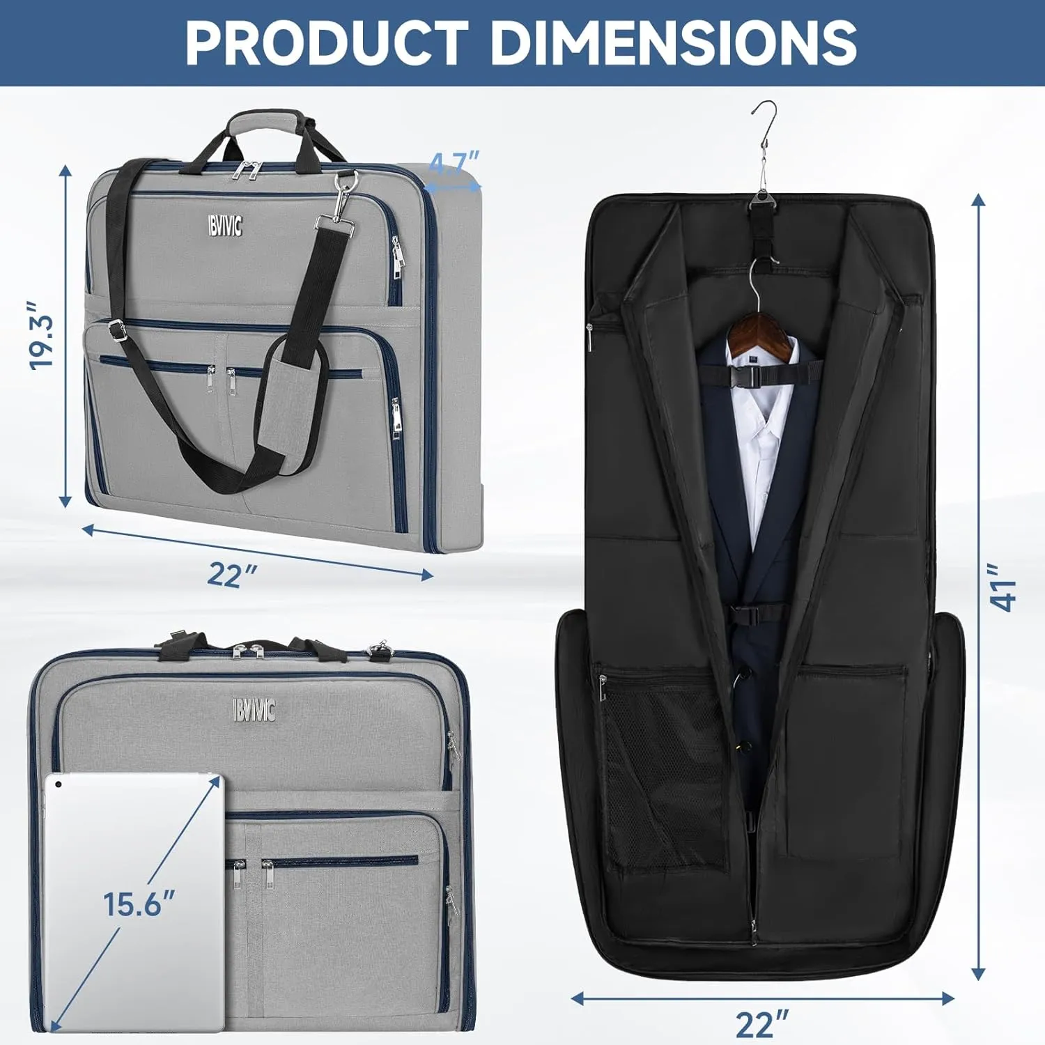 Garment Bags for Travel, Carry On Garment Bag for Hanging Clothes Large Suit Travel Bag with Accessories Zipper Pocket Convertible Travel Garment Bag for Shirts, Dresses, Coats (Grey)