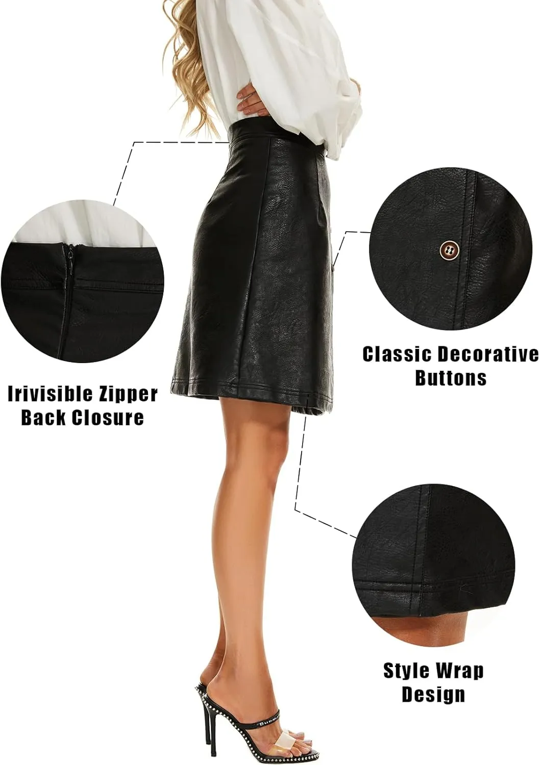 Ginasy Faux Leather Skirts for Women A Line Wrap Mini Skirt High Waisted Pleather Skirt Business Casual Work Skirt