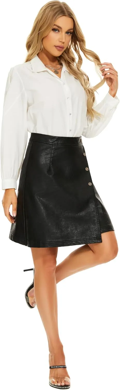 Ginasy Faux Leather Skirts for Women A Line Wrap Mini Skirt High Waisted Pleather Skirt Business Casual Work Skirt
