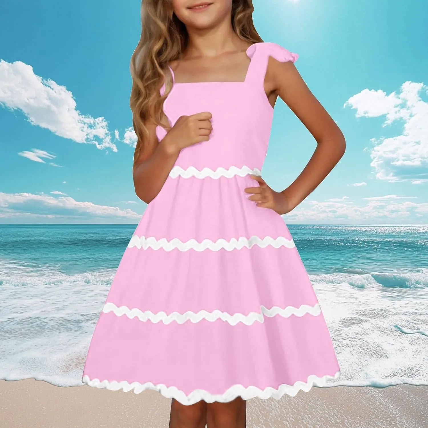 Girls Sun Dress Summer Spaghetti Strap Party Dress Smocked Elegant 3-12 Years
