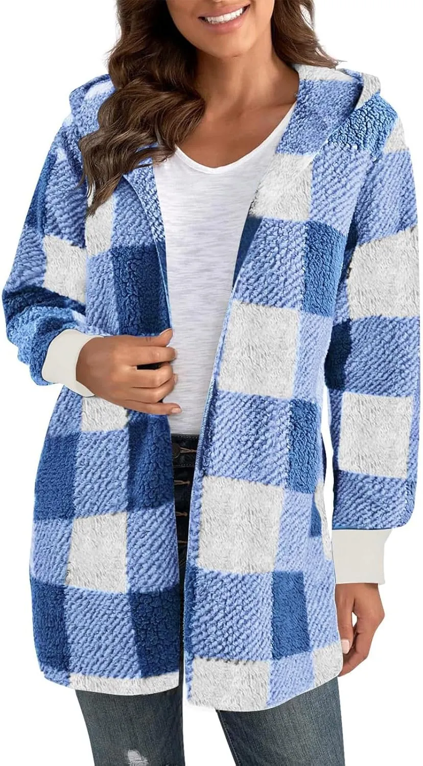 GOFULY Cardigans For Women Trendy Winter Open Front Fuzzy Fleece Hoodie Plaid Sherpa Jackets Winter Y2K Fall Coats Outfits