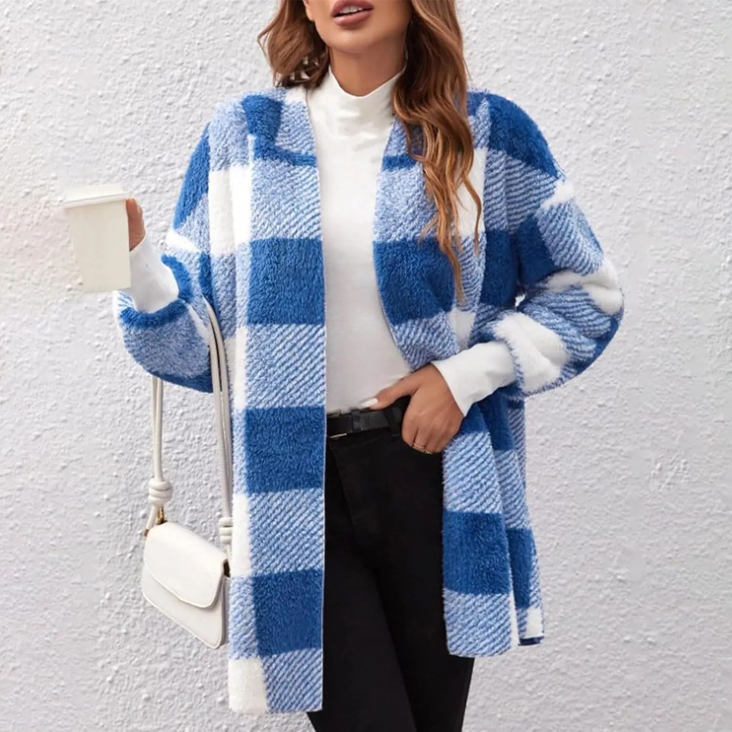 GOFULY Cardigans For Women Trendy Winter Open Front Fuzzy Fleece Hoodie Plaid Sherpa Jackets Winter Y2K Fall Coats Outfits