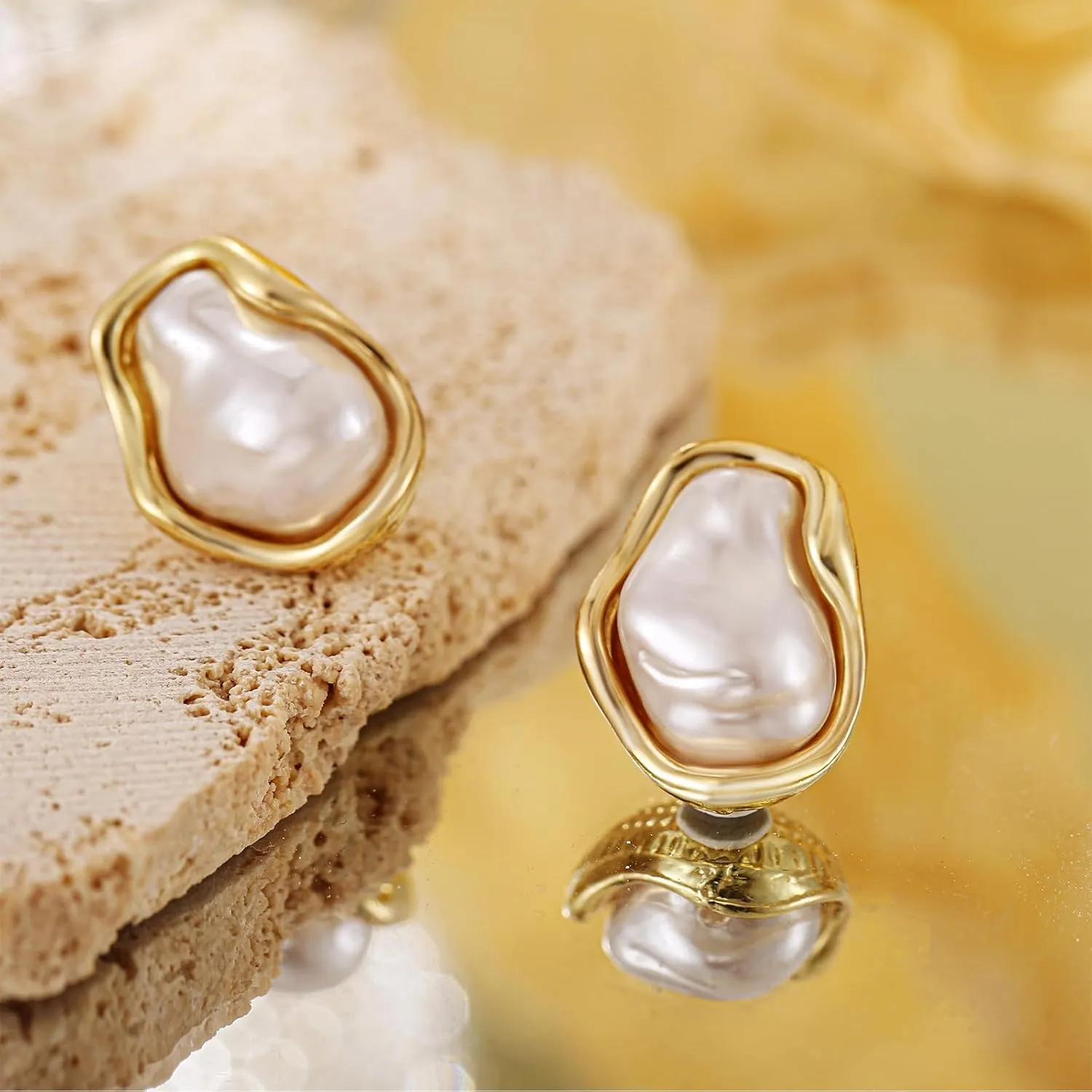 Gold Baroque Pearl Earrings Irregular Pearl Earrings Hypoallergenic for Women Jewelry
