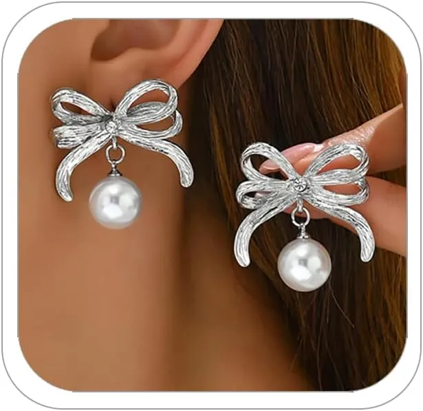 Gold Bow Earrings for Women Earrings Trendy Gold Bow Knot Dangle Earrings Bow Stud Earrings Pearl Drop Earrings Dainty Statement Pearl Earring Prom Jewelry Christmas Jewelry Accessories