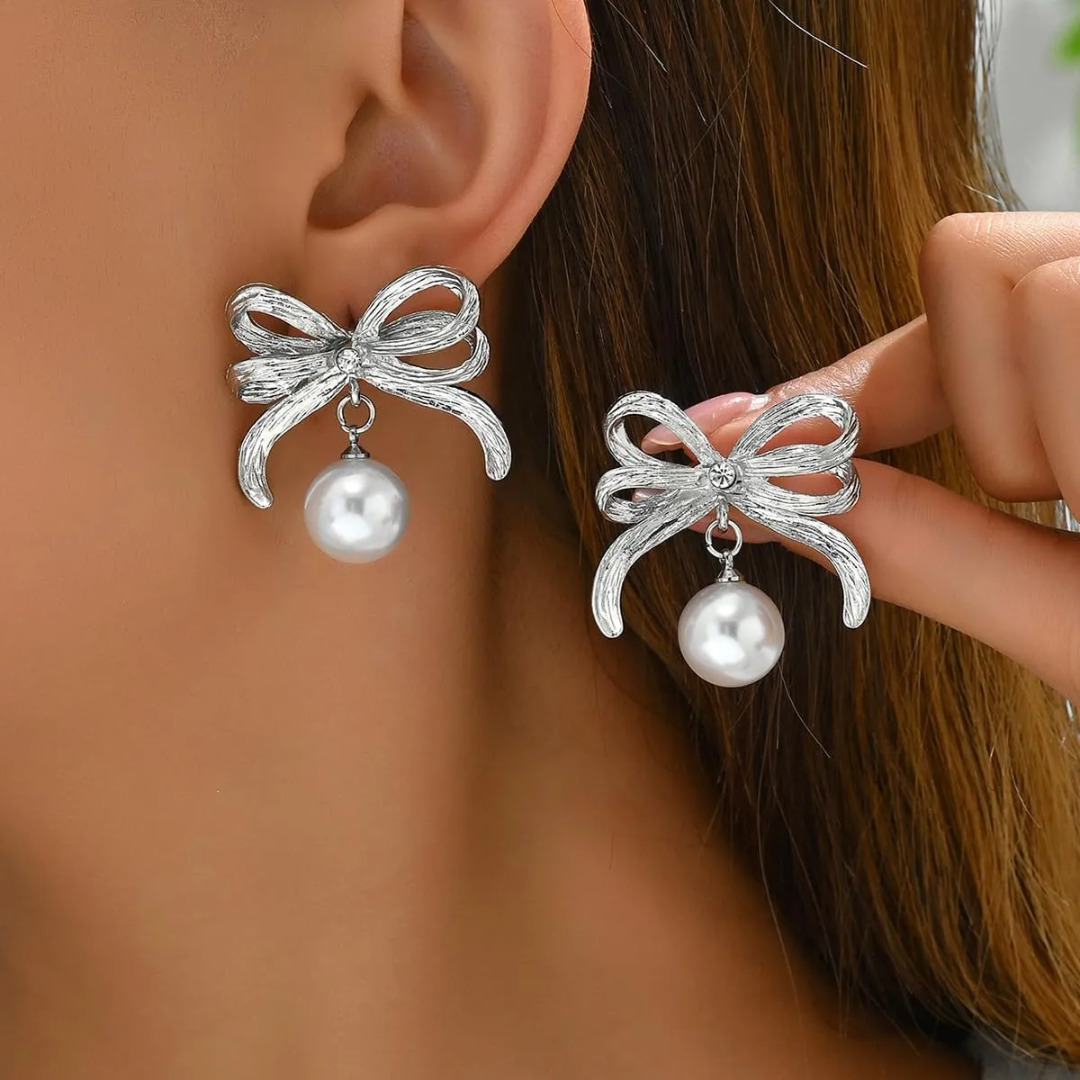 Gold Bow Earrings for Women Earrings Trendy Gold Bow Knot Dangle Earrings Bow Stud Earrings Pearl Drop Earrings Dainty Statement Pearl Earring Prom Jewelry Christmas Jewelry Accessories