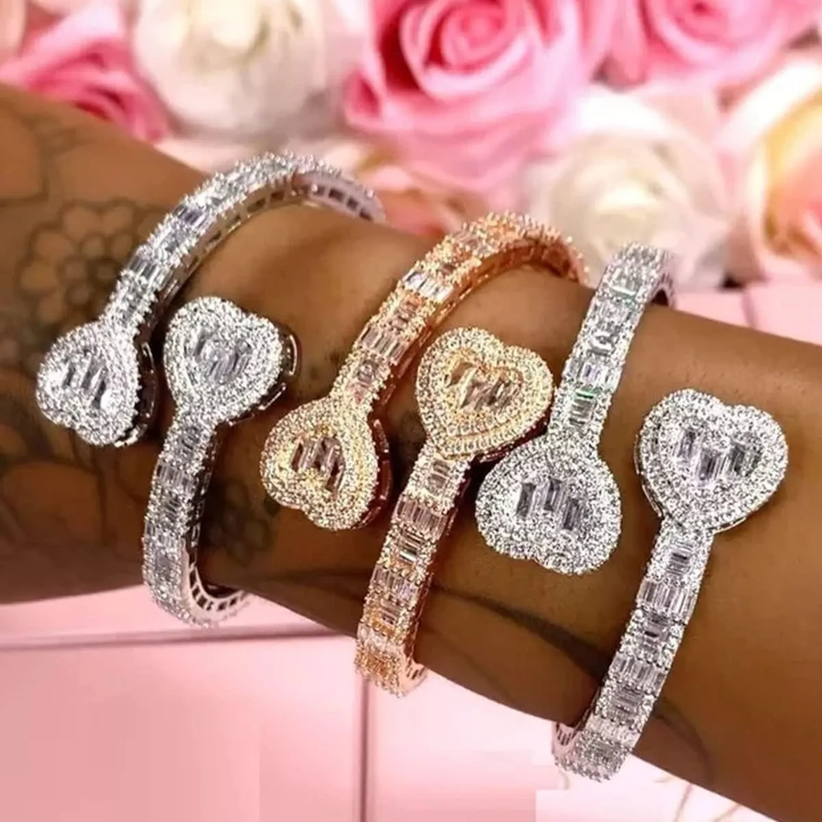 Gold Bracelets Bangle Bracelets for Women Adjustable Heart Cuff Bracelets Cubic Zirconia Iced Out Bracelet Men Women Trendy Wedding Bridesmaids Bling Hip Hop Jewelry Mothers Day Gifts