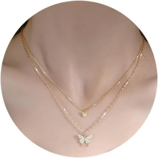 Gold Layered Butterfly Necklace for Women Silver Butterfly Choker Pendant Necklaces Golds/Silvers Butterflys Y2k Jewelry