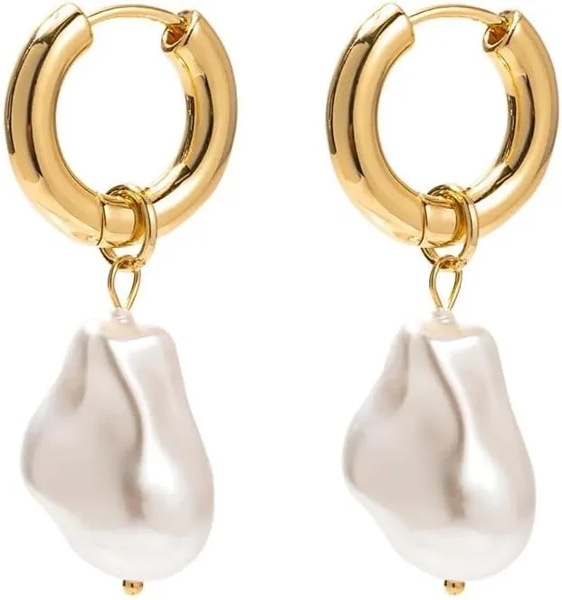 Gold Pearl Dangle Earrings for Women, 14K Gold Plated Small Pearl Drop Huggie Hoop Earrings, Hypoallergenic Dainty Gold Earrings Wedding Jewelry Gifts for Women Trendy