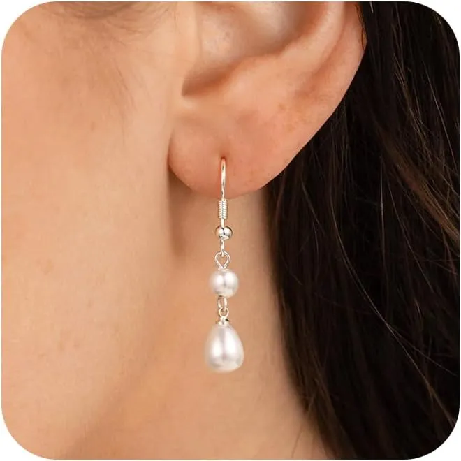 Gold Pearl Dangle Earrings for Women, 14K Gold Plated Small Pearl Drop Huggie Hoop Earrings, Hypoallergenic Dainty Gold Earrings Wedding Jewelry Gifts for Women Trendy
