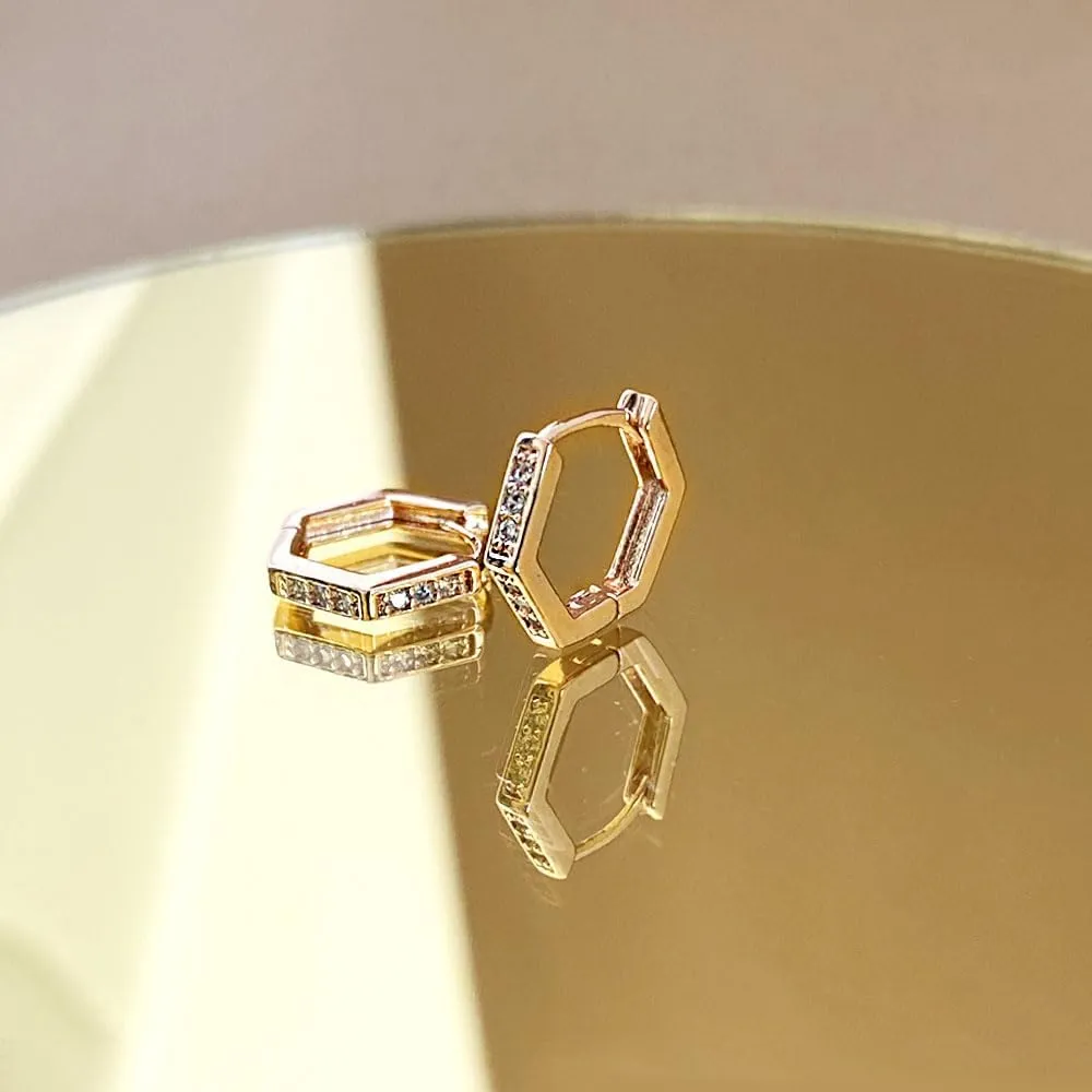 Gold Plated Hexagon Shape with Cubic Zirconia Hoop Earrings for women | Hinged Hoop Earrings