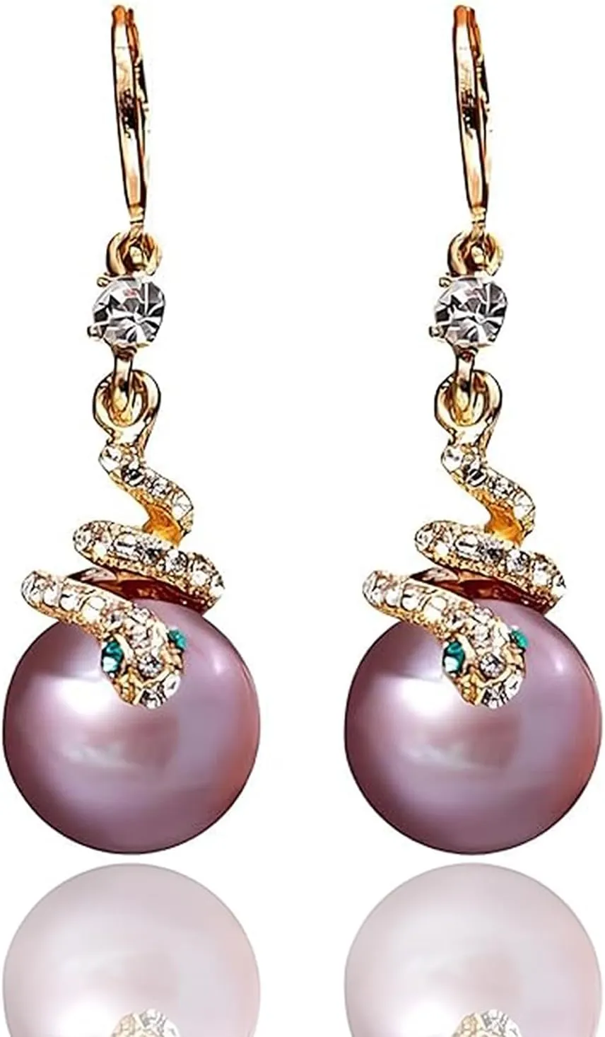 Gold Plated Snake Pearl Earrings, Dainty Pearl Snake Earrings for Women, Gothic Gold Snake Shape Earrings, Snake Pearl Dangle Drop Earrings, Statement Funky New Year Earrings Jewelry Gift (Purple)