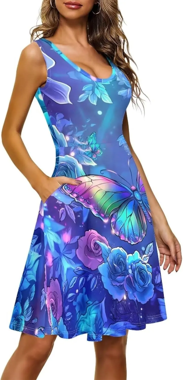 Gomyblomy Tank Dress for Women A-line Knee Length Summer Casual Travel Beach Cover Up Soft Comfy Lightweight Size XS-4XL