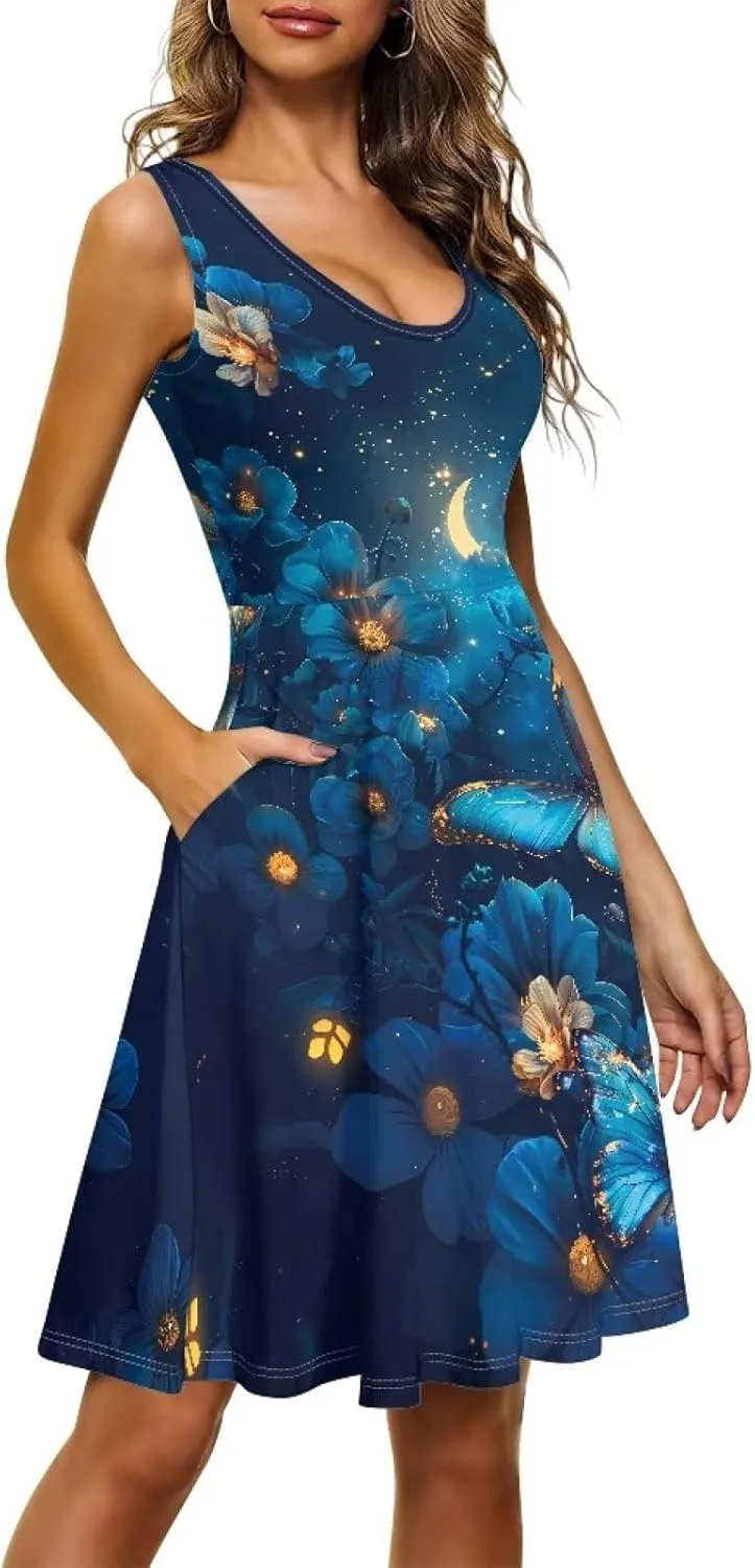 Gomyblomy Tank Dress for Women A-line Knee Length Summer Casual Travel Beach Cover Up Soft Comfy Lightweight Size XS-4XL