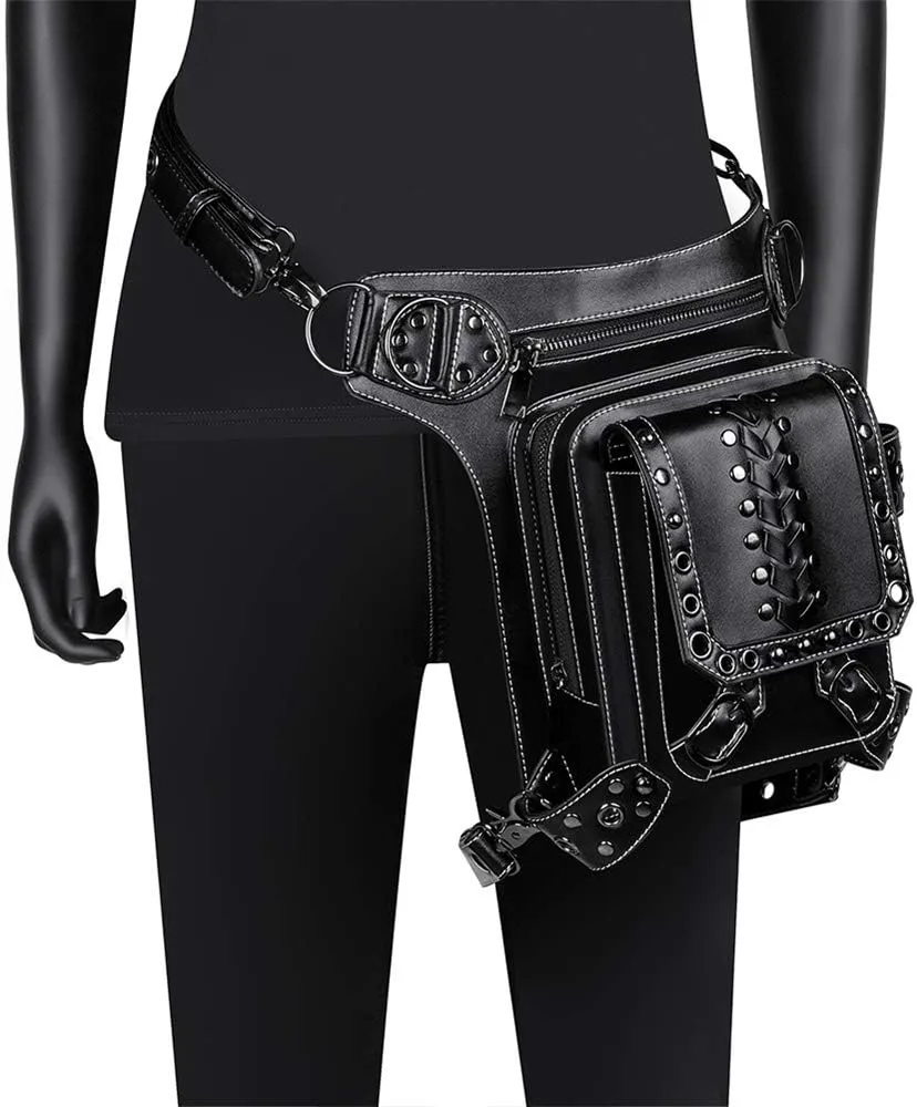 Gothic Leather Waist Bag Fanny Pack Thigh Leg Hip Holster Purse Travel Pouch Hiking Sport Chain Bags for Women Men