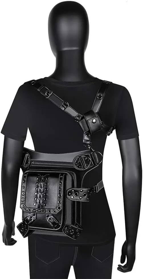 Gothic Leather Waist Bag Fanny Pack Thigh Leg Hip Holster Purse Travel Pouch Hiking Sport Chain Bags for Women Men