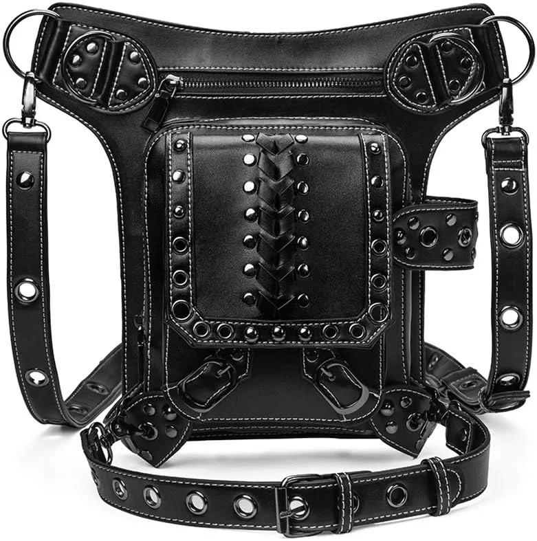 Gothic Leather Waist Bag Fanny Pack Thigh Leg Hip Holster Purse Travel Pouch Hiking Sport Chain Bags for Women Men